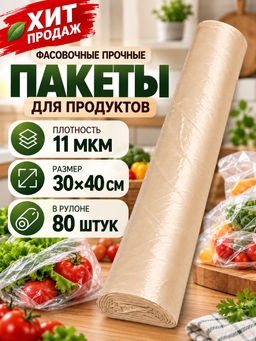 Пакет фасовочный (фасовка) рулон БЕЖЕВЫЙ ПЛОТНЫЙ ПНД 30х40см 11мкм 1рул/80шт.